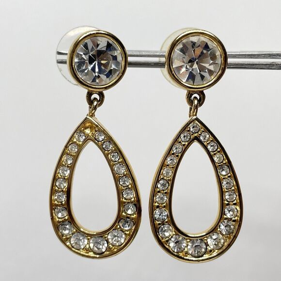 Vintage Monet Gold Tone Teardrop Glass Rhinestone Dangle Earrings Stunning - Picture 1 of 7